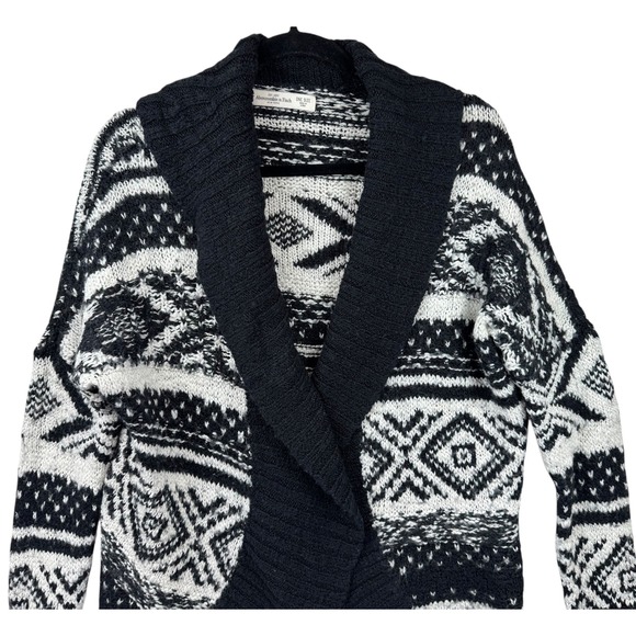 Abercrombie Fitch Cardigan Sweater One Size Black White Fair Isle Shawl Collar - Picture 3 of 11